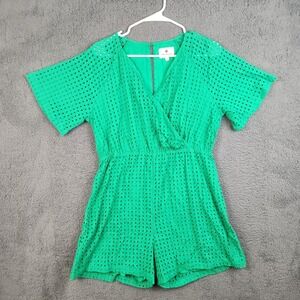 Betseys Mini Eyelet Romper Womens Med Kelly Green Smocked Waist Hollow Out Lace